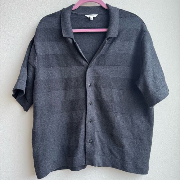 KOTN Organic Cotton Stripe Short Sleeve Button Down Polo Gray Mens Size Medium - Picture 1 of 5